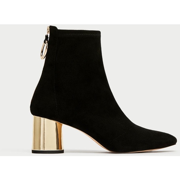SOLD!! Zara Black Ankle Boots Gold Metallic Heel - Picture 6 of 8